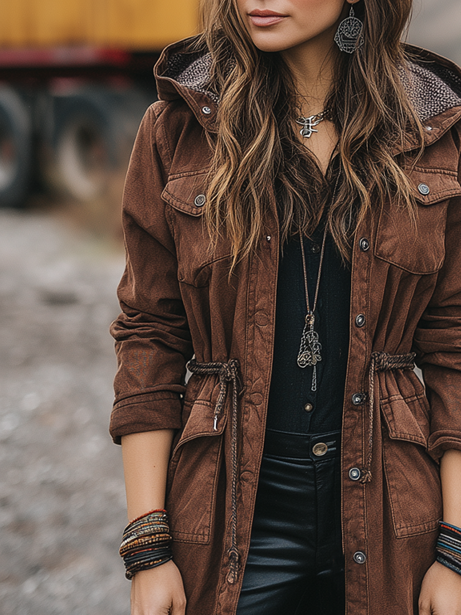 Vintage Multi-pocket Waist Tie Denim Coat