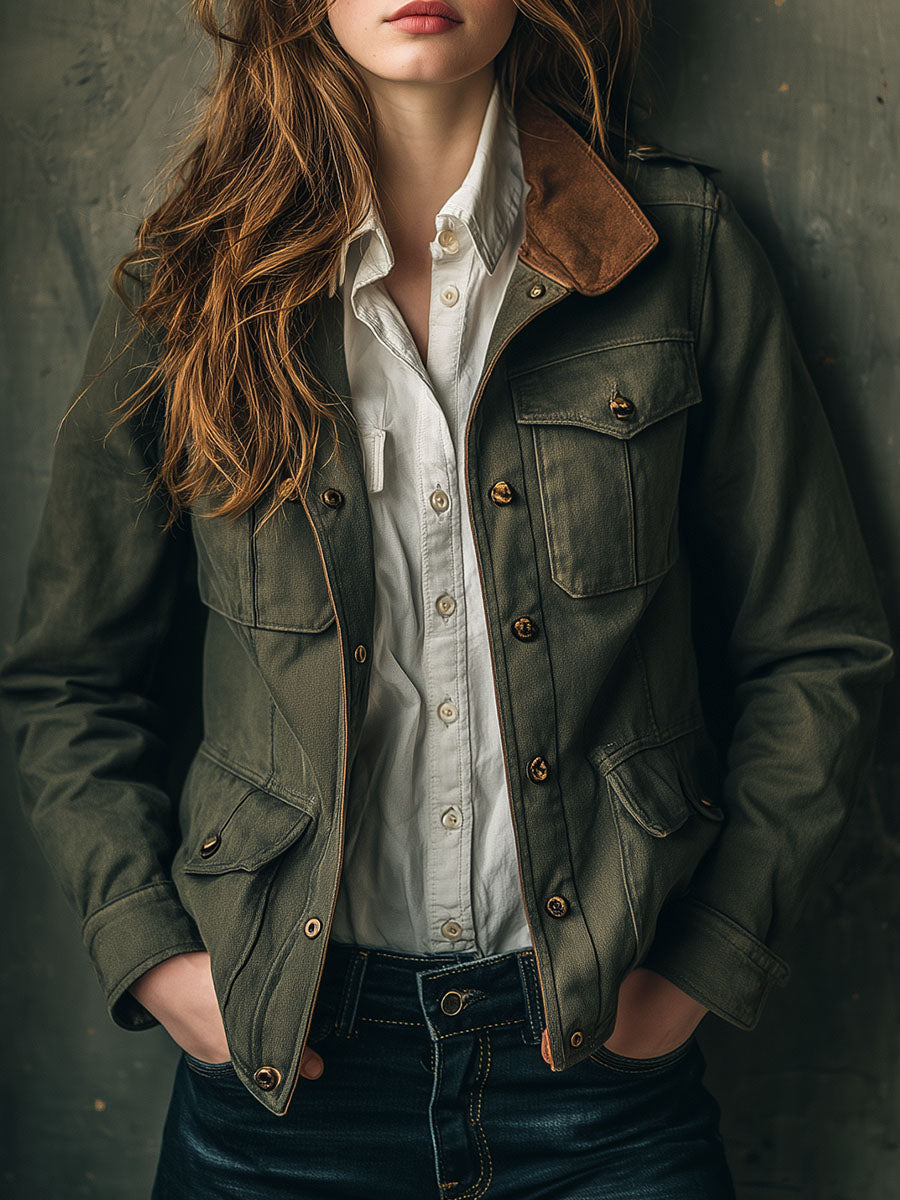 Vintage Olive Utility Jacket With Suede Collar