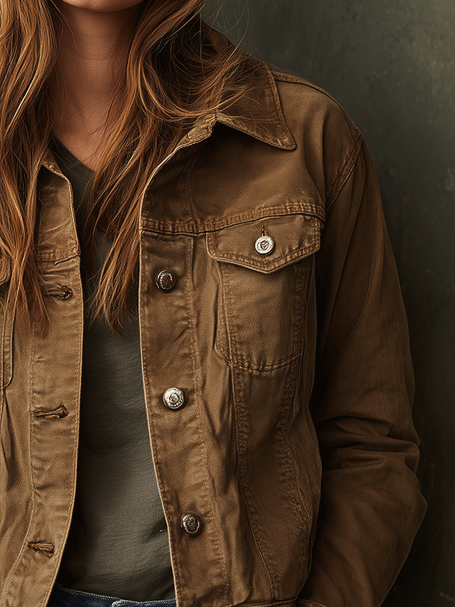 Classic Casual Washed Khaki Button Front Jacket