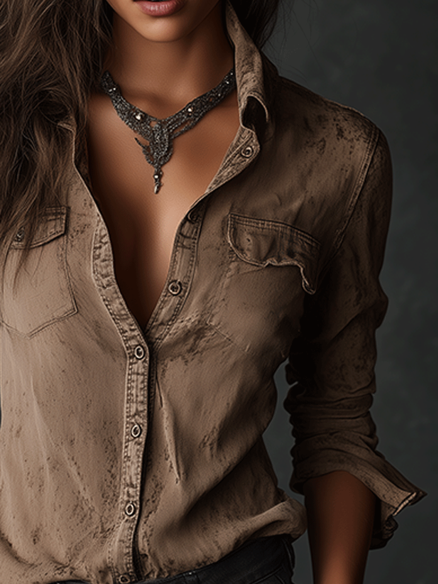Vintage Washed Taupe Western Slim Fit Button-Down Shirt