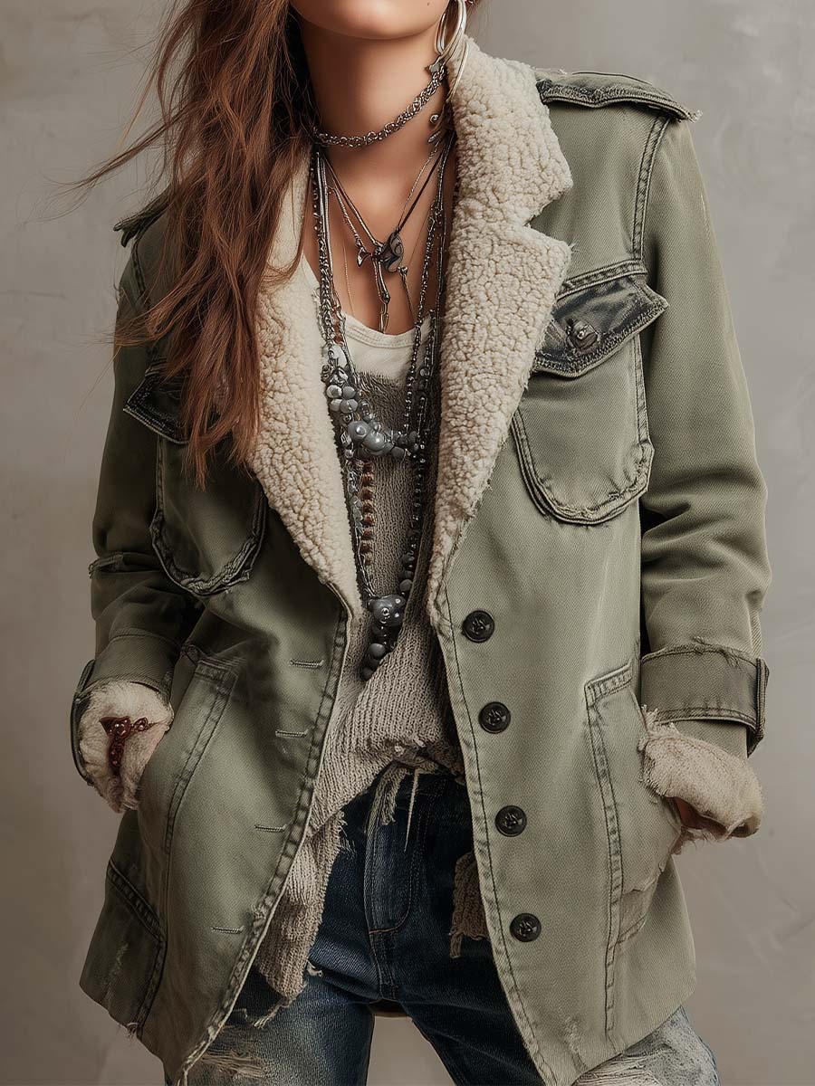 Vintage Olive Green Sherpa-Lined Utility Jacket