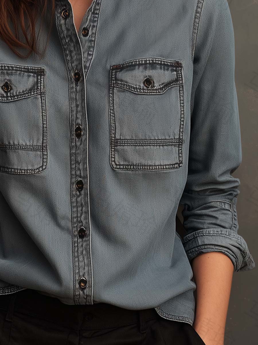 Vintage Washed Denim Utility Shirt