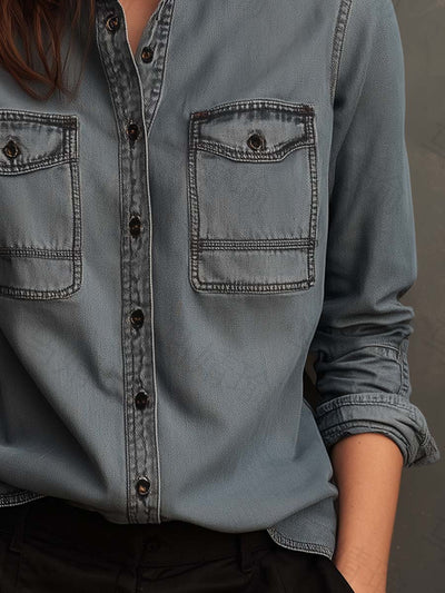 Vintage Washed Denim Utility Shirt