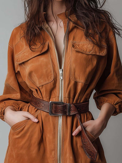 Washed Vintage-Inspired Camel Utility Mini Dress With Belt
