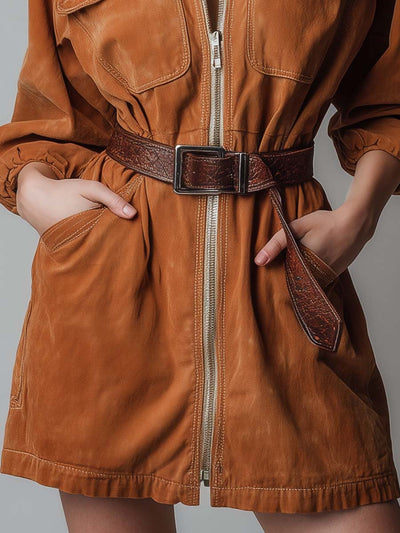 Washed Vintage-Inspired Camel Utility Mini Dress With Belt